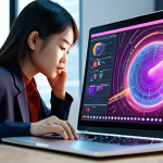 A vibrant scene of a young Vietnamese professional, inspired and focused, working seamlessly with an AI digital assistant on a laptop. The AI is subtly visualized as a holographic interface or energetic light streams, representing enhanced creativity and productivity. The setting is a modern, bright workspace with elements of Vietnamese contemporary design.