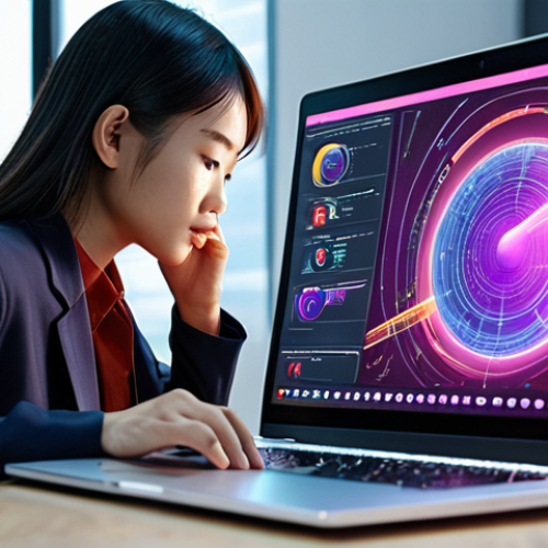 A vibrant scene of a young Vietnamese professional, inspired and focused, working seamlessly with an AI digital assistant on a laptop. The AI is subtly visualized as a holographic interface or energetic light streams, representing enhanced creativity and productivity. The setting is a modern, bright workspace with elements of Vietnamese contemporary design.