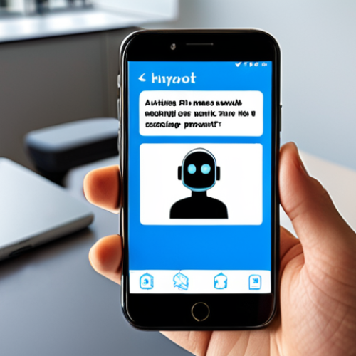 **A friendly chatbot icon on a smartphone screen, assisting a customer with a query, set against a modern office background.**