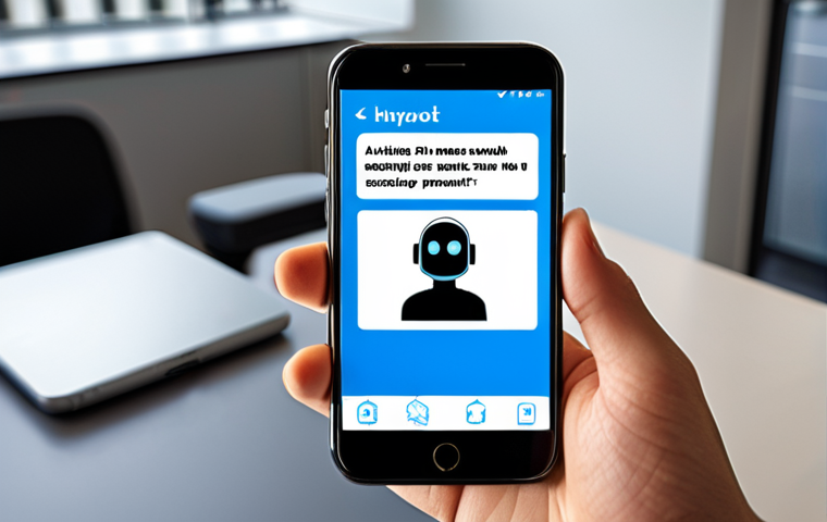 **A friendly chatbot icon on a smartphone screen, assisting a customer with a query, set against a modern office background.**