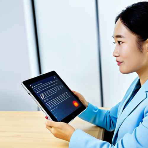 A professional individual in a modest business suit, fully clothed, is seen in a brightly lit, modern office environment. They are holding a tablet, which displays an AI-powered language translation interface seamlessly converting text from Vietnamese to English. The individual has a focused yet comfortable expression, demonstrating effortless interaction with the technology. The background is clean and minimalistic, hinting at a high-tech workspace. safe for work, appropriate content, professional dress, perfect anatomy, correct proportions, natural pose, well-formed hands, proper finger count, natural body proportions, professional photography, high quality.