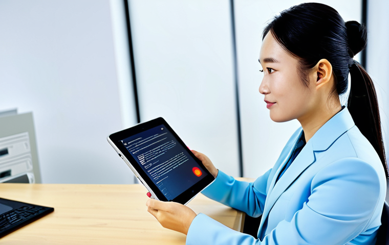 A professional individual in a modest business suit, fully clothed, is seen in a brightly lit, modern office environment. They are holding a tablet, which displays an AI-powered language translation interface seamlessly converting text from Vietnamese to English. The individual has a focused yet comfortable expression, demonstrating effortless interaction with the technology. The background is clean and minimalistic, hinting at a high-tech workspace. safe for work, appropriate content, professional dress, perfect anatomy, correct proportions, natural pose, well-formed hands, proper finger count, natural body proportions, professional photography, high quality.