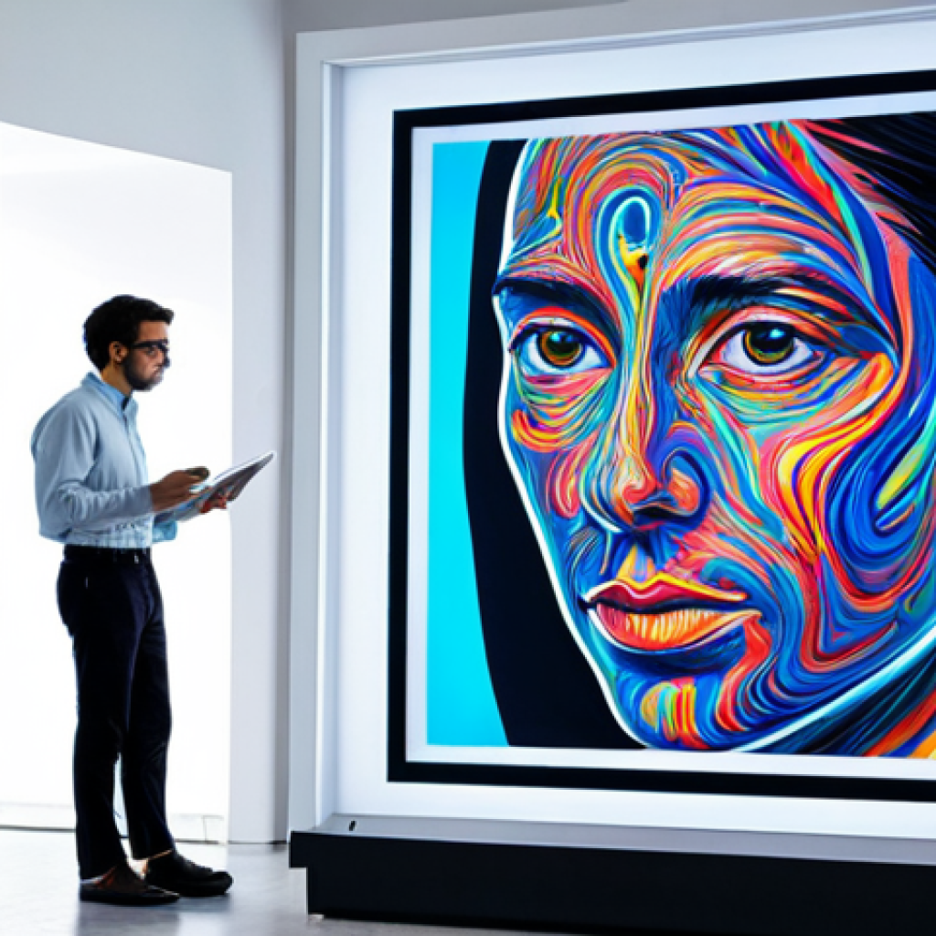 A professional, thoughtful artist, fully clothed in a modest long-sleeved shirt and trousers, stands in a clean, brightly lit art studio. They are looking at a large digital screen displaying vibrant, abstract AI-generated artwork. In the background, subtle, glowing lines emanate from the screen, symbolizing the AI's creative process. A legal textbook is visible on a nearby desk, suggesting themes of intellectual property and ownership. The overall scene is calm and contemplative, emphasizing the intersection of art, technology, and law. Safe for work, appropriate content, fully clothed, professional dress, perfect anatomy, correct proportions, natural pose, well-formed hands, proper finger count, natural body proportions, professional photography, high quality.