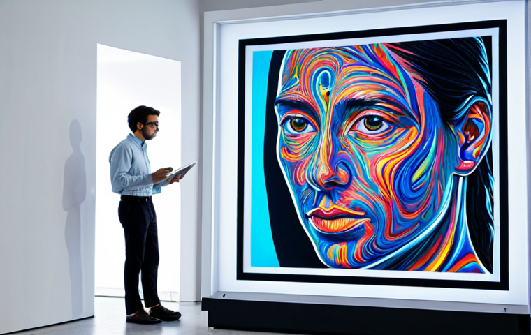 A professional, thoughtful artist, fully clothed in a modest long-sleeved shirt and trousers, stands in a clean, brightly lit art studio. They are looking at a large digital screen displaying vibrant, abstract AI-generated artwork. In the background, subtle, glowing lines emanate from the screen, symbolizing the AI's creative process. A legal textbook is visible on a nearby desk, suggesting themes of intellectual property and ownership. The overall scene is calm and contemplative, emphasizing the intersection of art, technology, and law. Safe for work, appropriate content, fully clothed, professional dress, perfect anatomy, correct proportions, natural pose, well-formed hands, proper finger count, natural body proportions, professional photography, high quality.