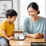 언어 AI와 스마트 디바이스의 연계 - A modern Vietnamese living room with a family interacting naturally with a smart assistant device us...