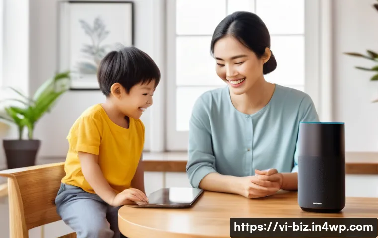 언어 AI와 스마트 디바이스의 연계 - A modern Vietnamese living room with a family interacting naturally with a smart assistant device us...