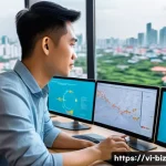 언어 AI의 시장 점유율 변화 분석 - A futuristic office scene in a modern Vietnamese tech startup, showing diverse young professionals c...