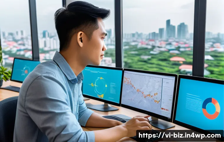 언어 AI의 시장 점유율 변화 분석 - A futuristic office scene in a modern Vietnamese tech startup, showing diverse young professionals c...