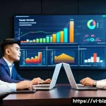 언어 AI의 고객 세분화 기법 - A modern Vietnamese business meeting scene in a sleek office, featuring diverse professionals analyz...