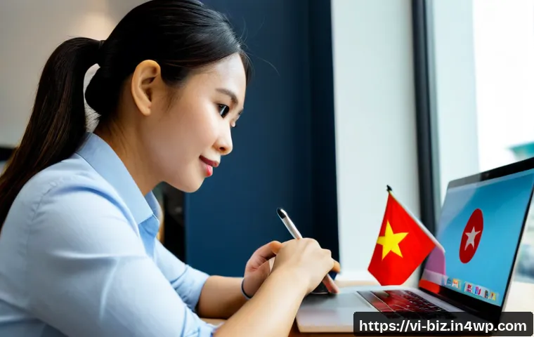 언어 AI의 국제화 전략 - Photorealistic modern Hanoi coworking space, Vietnamese AI language strategist reviewing a multiling...